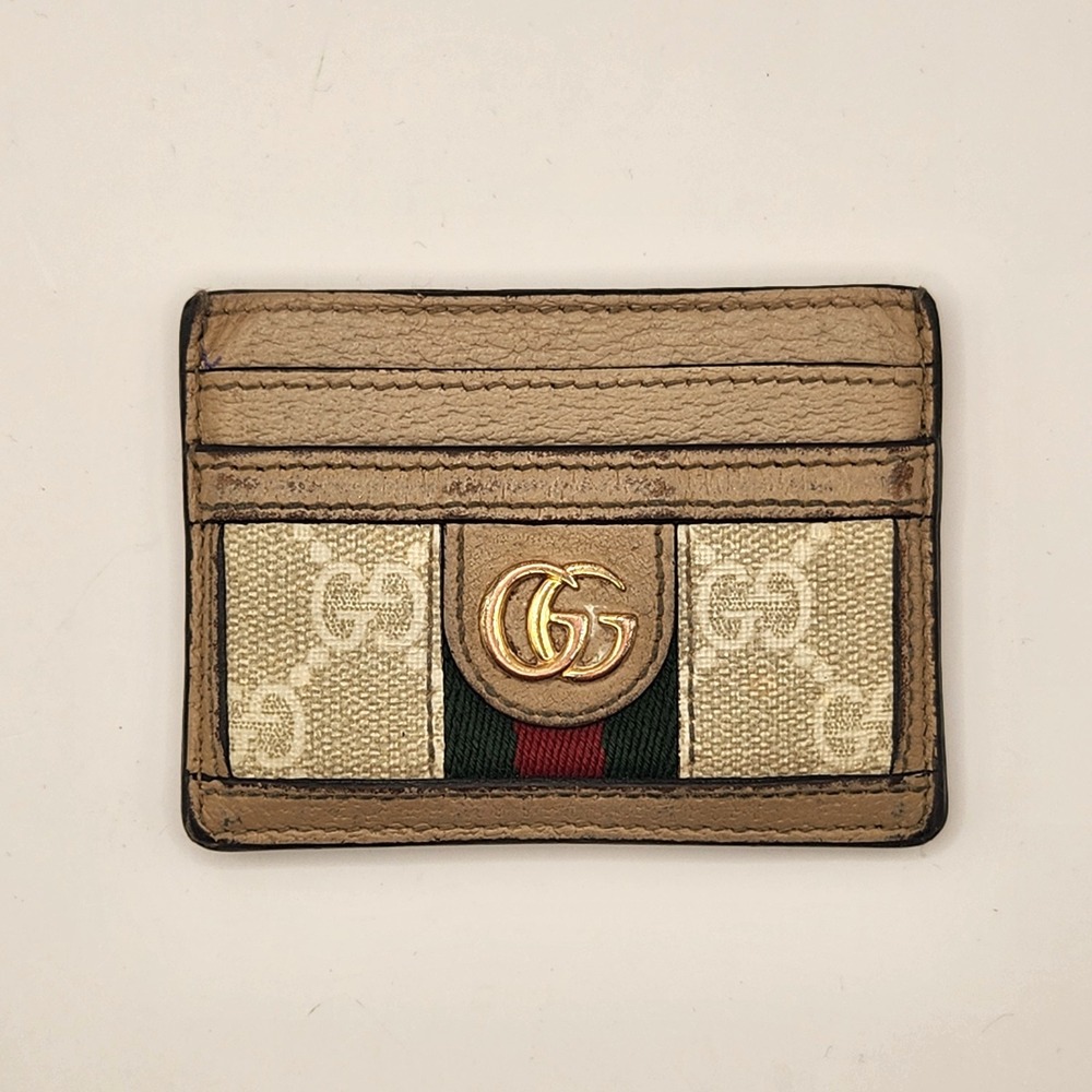 Gucci Ophidia GG Supreme Card Holder Wallet Ebony Beige Leather Case Sherry Line